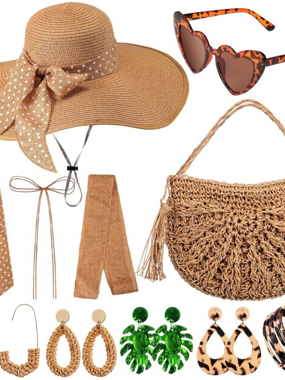 15 Pcs Women Straw Beach Accessories Hat Bag with Beach Sunglasses Bracelet Earr